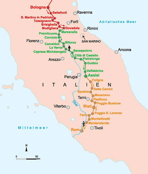 Karte von Bologna nach Rom